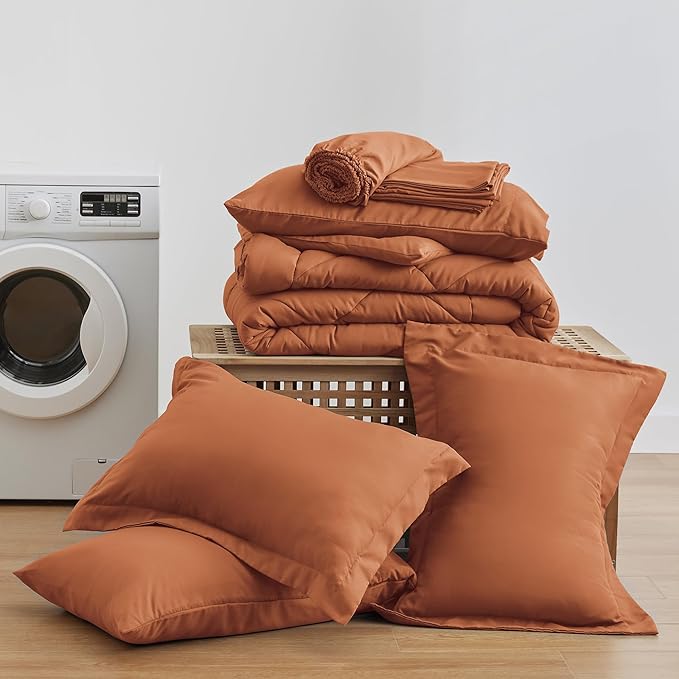 Love's cabin California King Comforter Set Terracotta, 7 Pieces California King Bed in a Bag, All Season Bedding Sets with 1 Comforter, 1 Flat Sheet, 1 Fitted Sheet, 2 Pillowcase and 2 Pillow Sham