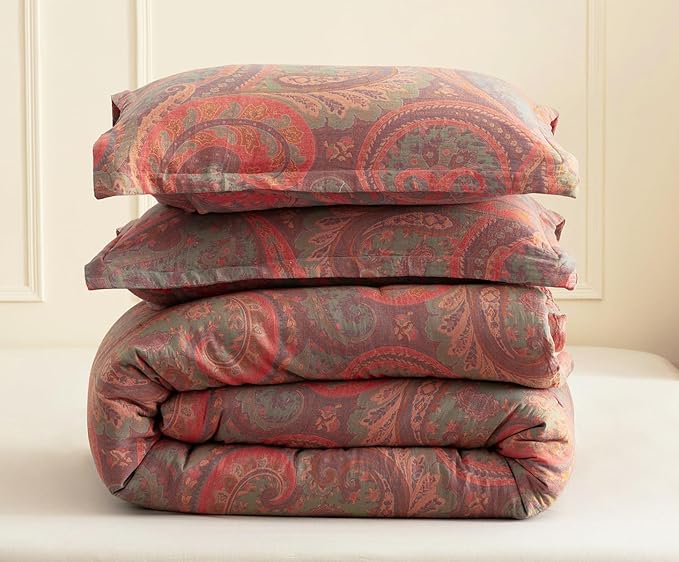 SLEEPBELLA Washed Double Layer Muslin 100% Cotton Comforter Set Queen Size, Paisley Fluffy Thick Checked Bedding Set, Soft Breathable(1 Comforter, 2 Pillow Shams)