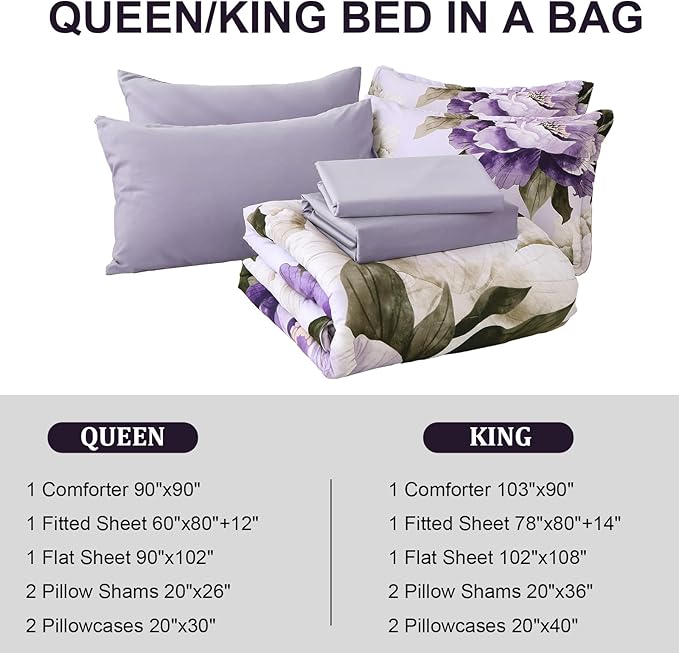 Dobuyly Purple Queen Comforter Set 7 Piece Bed in a Bag Queen, Purple Floral Printed on Light Purple Comforter Set with Sheets, Soft Microfiber Botanical Complete Bedding Set for All Season