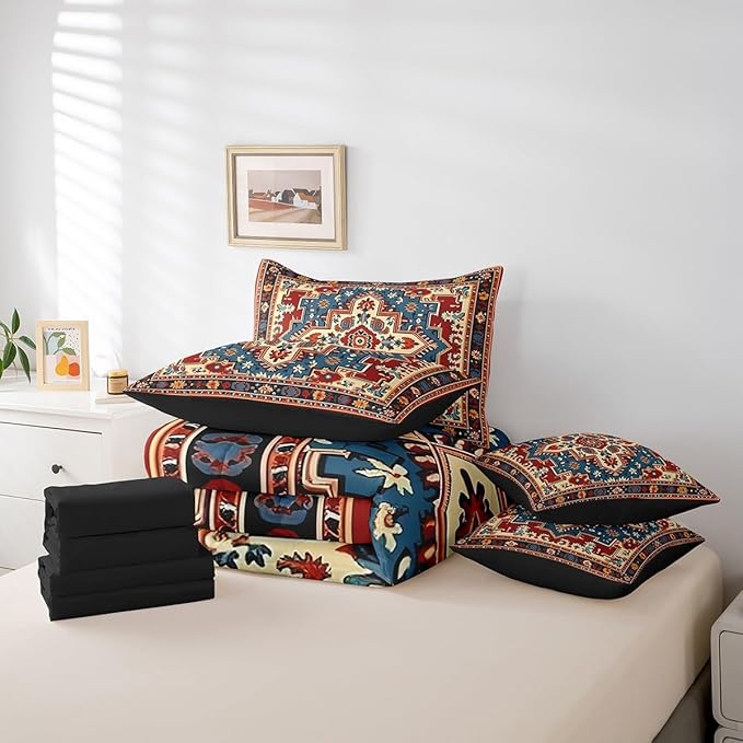 Erosebridal Oriental Queen Bedding Sets Vintage Comforter Set, Art Deco Floral Bedding Comforter Sets 7pcs Boho Tribal Bed in a Bag Traditional Aesthetic Bedding Sets, Hippie Paisley Mandala Decor Red