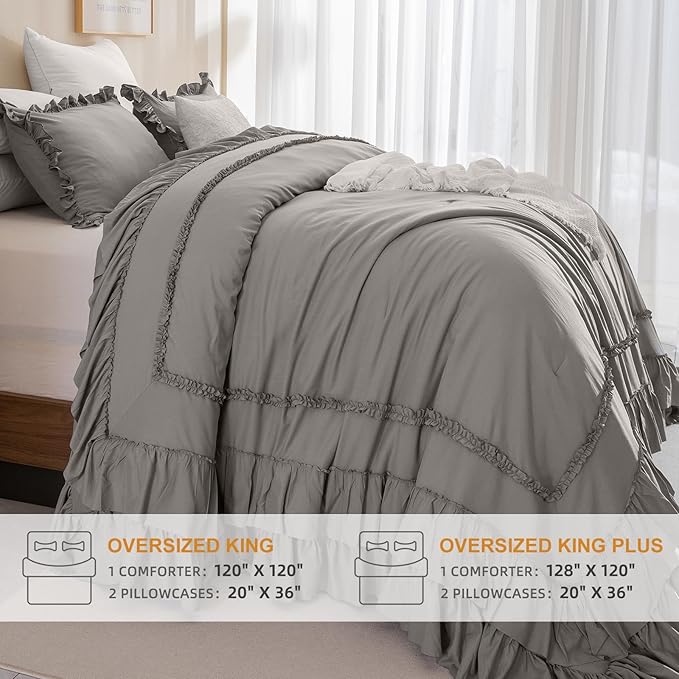 Masaca Grey Oversized King Comforter 120x120,Farmhouse Shabby Boho Chic Gray Ruffled California King Comforter Oversized,Vintage French Country Bedding Comforter with Ruffles for All Season