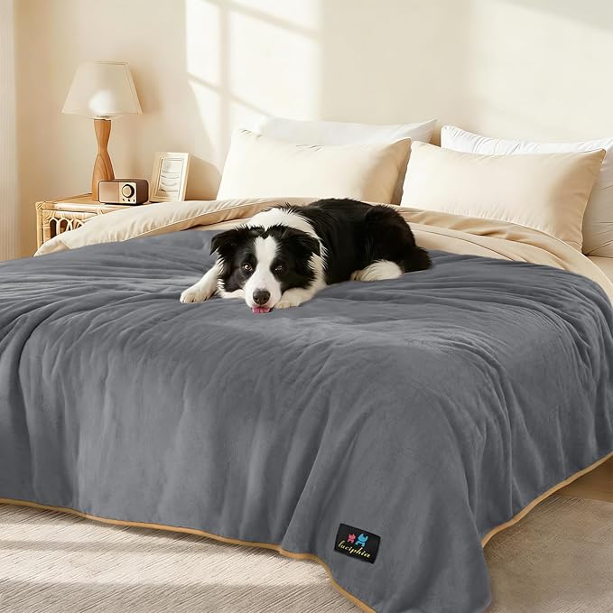 Luciphia Waterproof Pet Blanket, Liquid Pee Proof Dog Blanket for Sofa Bed Couch, Reversible Sherpa Fleece Furniture Protector Cover for Small Medium Large Dogs Cats, Grey+Beige Large(65" x 57")