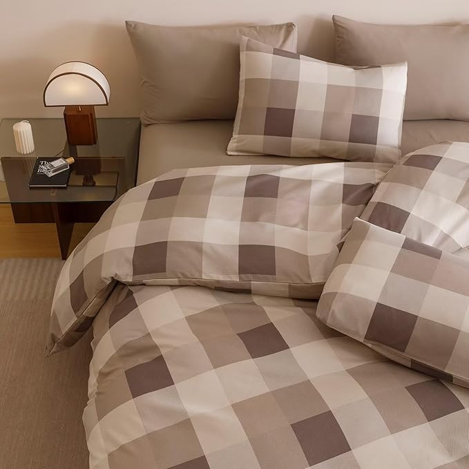 Cottonight Checkered Khaki Comforter Set Twin Gingham Grid Bedding Set Khaki and Cream Coffee Grid Comforter Fluffy Soft Bedding Set Kids Teens Twin Comforter with 2 Pillowcases