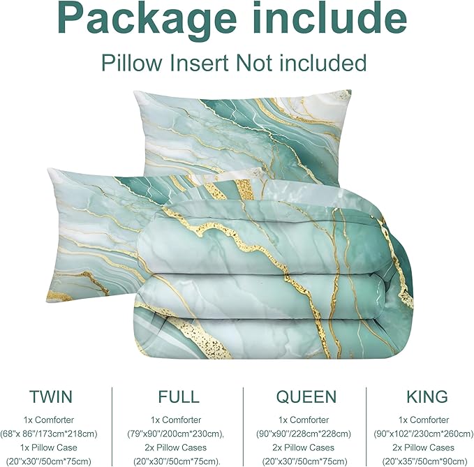 Green Gold Marble Comforter Set King Size for Kids Women Man Modern Abstract Mint Green Bedding Sets for Bedroom Decor Watercolor Marbled Quilt Set with 1 Comforter + 2 Pillowcases