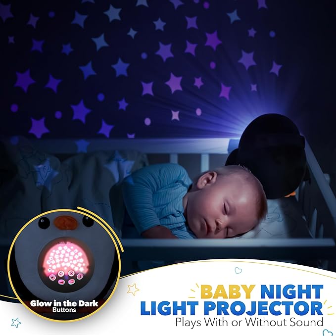 Bubzi Co Sound Machine, Portable Penguin Soother & Night Light Projector, Comforting Electronic Infant Toddler Sleep Aid & Shush with White Noise