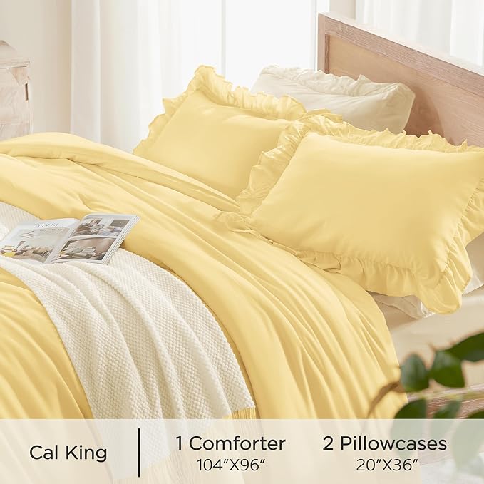 Andency Yellow Ruffle Comforter Cal King(104x96Inch), 3 Pieces(1 Ruffled Comforter and 2 Pillowcases) Solid Farmhouse Shabby Chic Bed, Vintage Rustic Soft Microfiber Bedding Set
