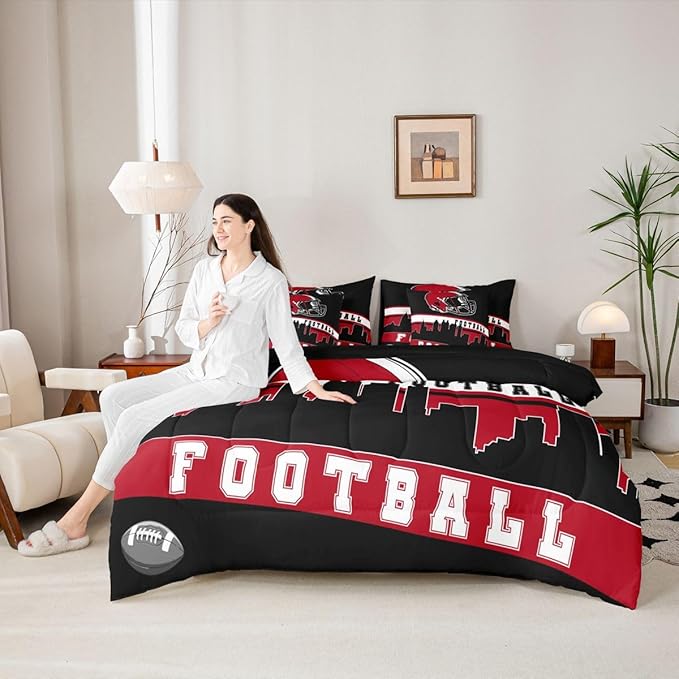 Erosebridal Football 7 Pcs Comforter Set King Football Fans Bedding for Boys Girls Football City Sheet Set Bed in A Bag Red Black Rugby Team Room Decor Sports Ball Game Duvet Insert