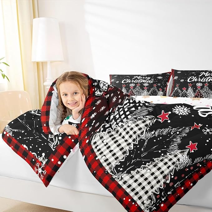 Christmas Tree Bedding Sets Full Size,Red Black Checkered Comforter Set 3Pcs for Kids Girls Boys Women Room Decor,Winter Snoweflake Quilted Duvet Retro Xmas Pine Down Comforter,2 Pillowcases