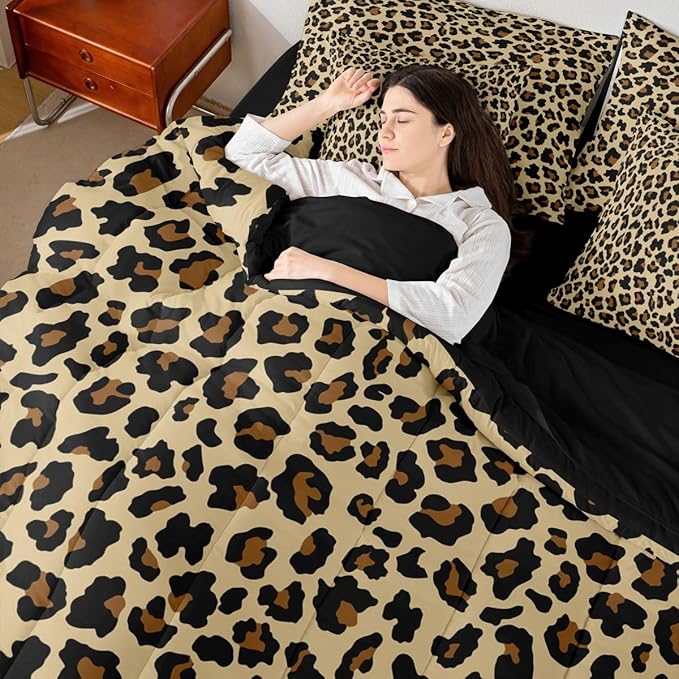Erosebridal Leopard Print Beige Yellow Black 7 Piece Bedding Set Twin | Cheetah Fur Comforter Set with Sheets Animal Skin Pattern Bed in A Bag Women Men Adults Bed Sets
