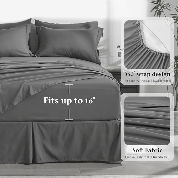 Newspin California King Comforter Set Grey - Bed in a Bag California King Size 8 Pieces, All Season Bed Set, Fluffy Comforter Set with Sheets, Sheet Set Quilt Blanket, Pillowcases & Shams & Bed Skirt
