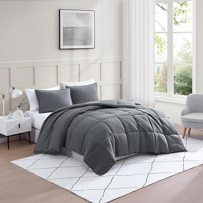 Casa Platino Comforter Queen Bed Set- Cozy Queen Comforter Set - Ultra Soft & Breathable Pre-Washed 100% Hydro-Brushed Queen Bedding Sets - Super Soft & Cozy Bedding Comforter Set Queen Size- Charocal