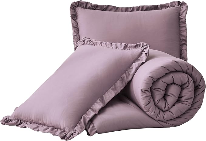 Chezmoi Collection Nora Mauve Comforter Set Queen Size 3-Piece Lightweight Fluffy Soft Stone-Washed Ruffled Shabby Chic Bedding for All Season