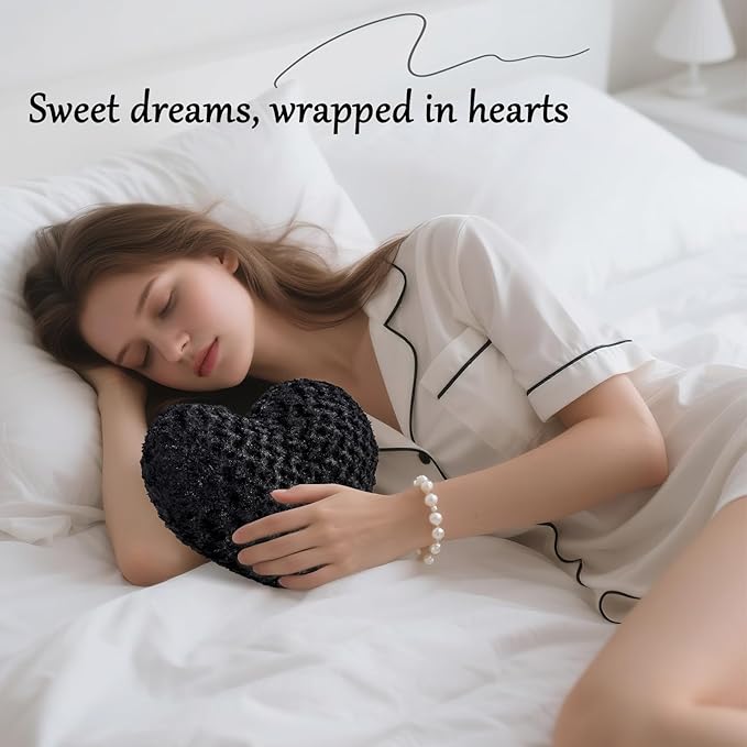 Heart Pillow Black Throw Pillows, Soft and Fluffy Decorative Pillows for Bed Couch Chair, Cute Heart Shaped Room Decor for Valentine Anniversary Birthday Halloween Christmas (Medium, 20"x15")