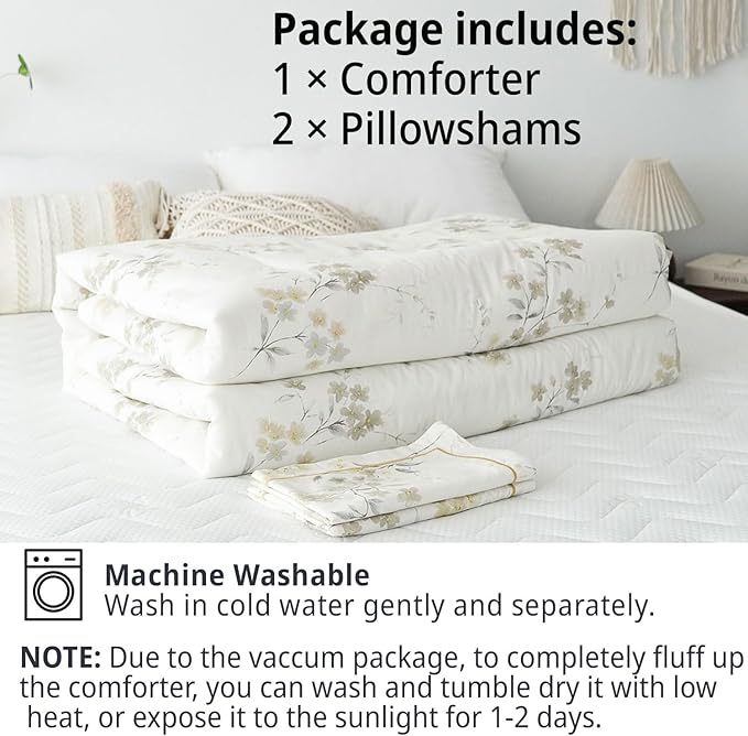 Floral Cotton Comforter King Size - Cream Comforter with Luxrious Grey Branches & Subtle Beige Blossoms,Reversible Lightweight Bedding Sets 3Pcs(104"×90")