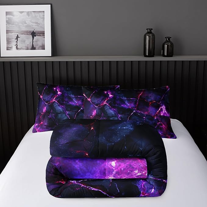Purple Comforter Set King Size,Purple Marble Bedding Set 3 Pcs Bedding for Adults,Violet Marble Room Decor with Soft and Lightweight Comforter and 2 Pillowcases