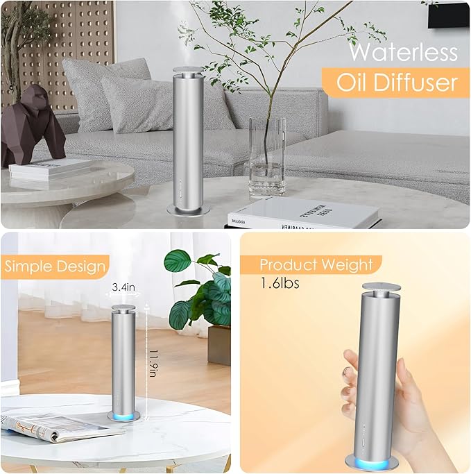 Waterless Essential Oil Diffuser, Long Lasting Aromatherapy Scent Diffuser for Home with Light Mode, 1000 Sq. Ft Coverage Quiet Oil Diffusers for Bedroom, Office, Included 5 Scent Oils(3.3OZ), Silver