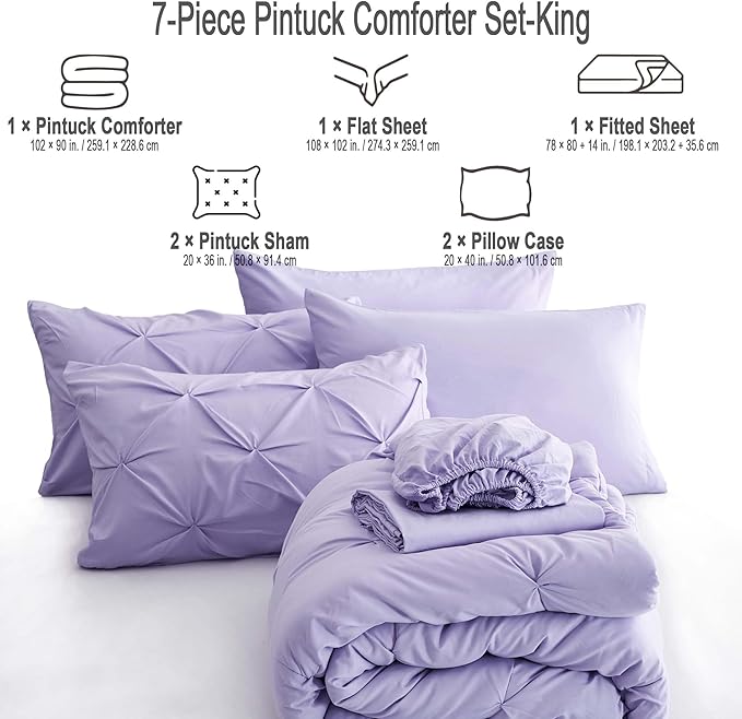 Ubauba 7pc King Size Comforter Set with Sheets, All Season Pintuck 7 Piece Bedding Sets Light Purple, Pinch Pleating Bed in a Bag Set with Comforters (Lavender,King)