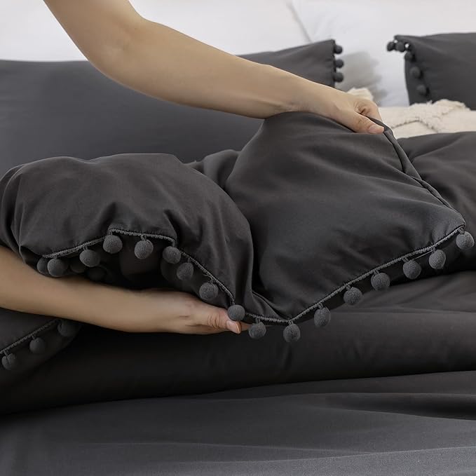 YIRDDEO Full Size Comforter Sets - Full Size Comforter with Ball Pom Fringe, Soft Bedding Set for All Seasons - 3 Pieces, 1 Comforter (79"x90") & 2 Pillow Shams(20"x26"), Charcoal Grey