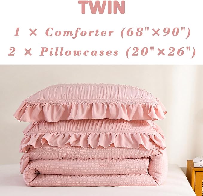 Blush Pink Seersucker Comforter Twin Size with Ruffled Edges, Ultra-Soft Pink Bedding Set 3 Piece Set, Light Weight Down Alternative Set(Blush Pink,Twin), Twin(68/''×90/'') (PPS)