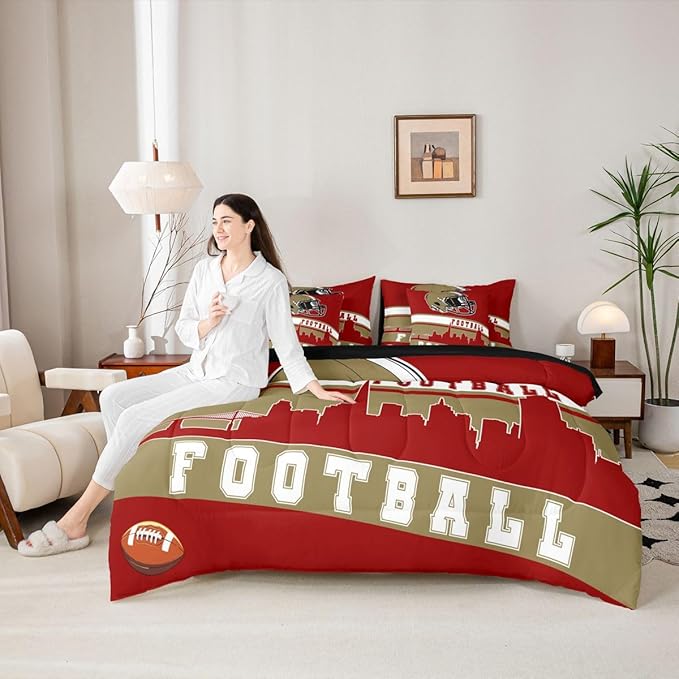 Erosebridal Football 7 Pcs Comforter Set Twin Football Fans Bedding for Boys Girls Football City Sheet Set Bed in A Bag Red Rugby Competition Room Decor Sports Ball Game Quilt