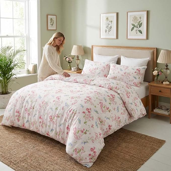 Nayoroom Pink Floral Comforter Set Queen Size Spring Botanical Blooms Flower Comforter 3 Pieces Soft Lightweight Aesthetic Bedding Set for All Seasons