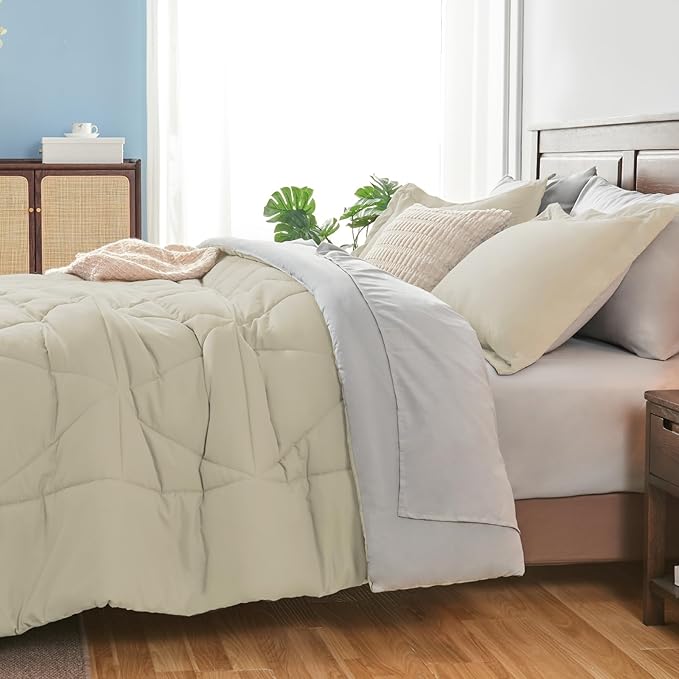 BEDELITE Full Comforter Set 7 Pieces Bed in A Bag - Soft Microfiber Reversible Oatmeal Bed Set with Comforters, Sheets, Pillowcases & Shams, Cozy Luxury Bedding Sets for All Season