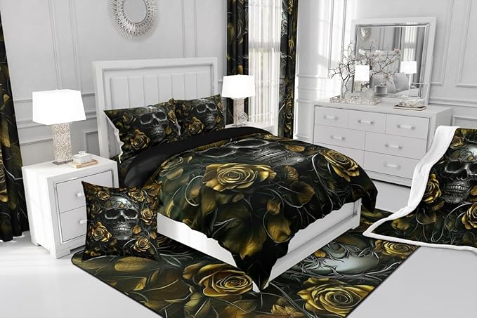 Erosebridal Adults Gothic Comforter Set Bohemian Boho Goth Bedding Full Size Vintage Horror Skull Bed Sets Yellow Baroque Victorian Romantic Rose Duvet Insert,Halloween Gothic Bedroom Decor