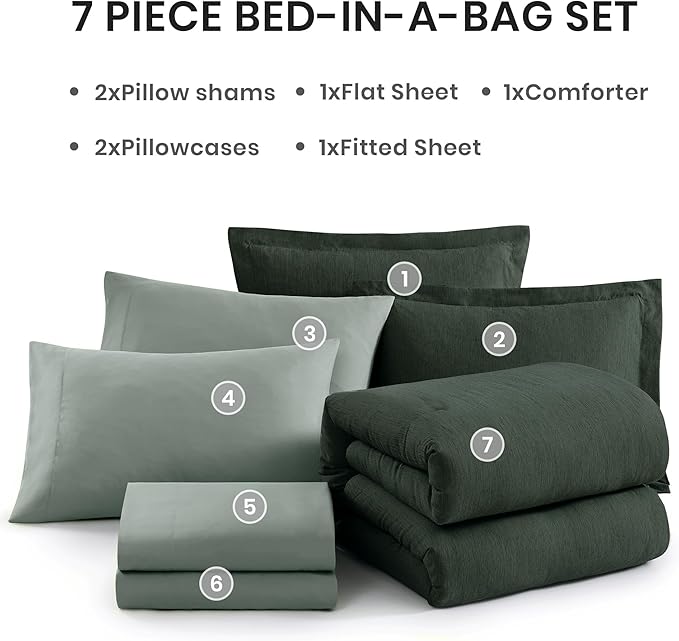Monbix Oversized King Comforter Set - 7 Pieces Cationic Dyeing Deep Forest Bed in a Bag Bed Sets with Comforter, Sheets, Pillowcases & Shams, Reversible Bedding Comforters Sets