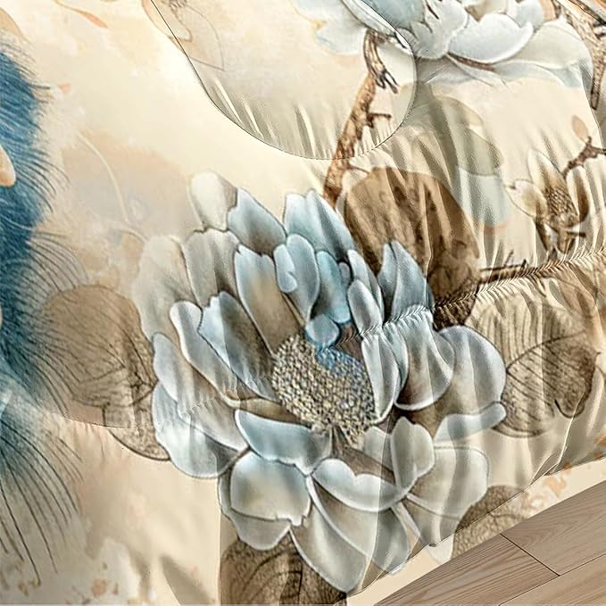 Peacock Comforter Set Twin Size, Oriental Birds Floral Bedding Set for Kids Bedroom Decor/68 * 86