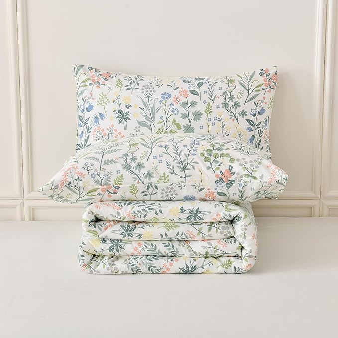 Green Floral Comforter Set King Size 100% Cotton Comforter 3 Pieces Soft Lightweight Reversible Retro Floral Bedding Sets for All Season