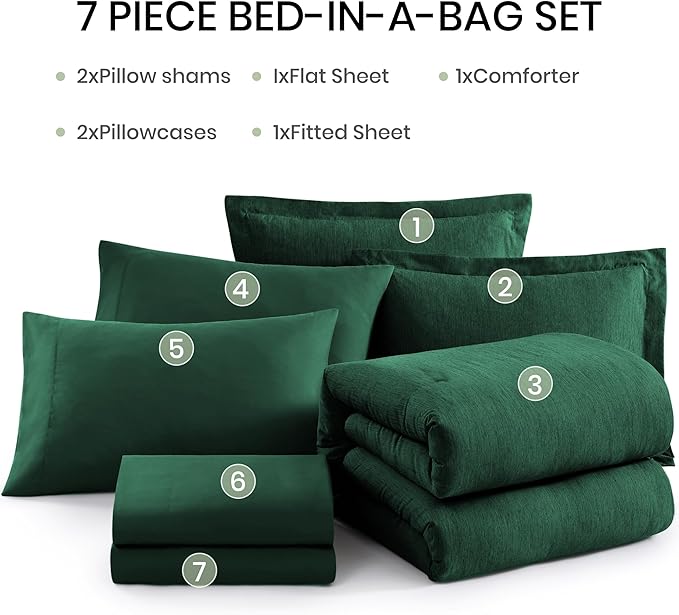 Monbix Queen Comforter Set - 7 Pieces Cationic Dyeing Emerald Green Bed in a Bag Queen Bedding Sets with Comforter, Sheets, Pillowcases & Shams, Reversible Bedding Comforters Sets