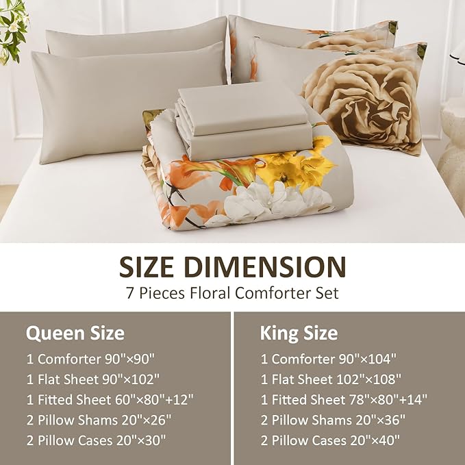 Drucon Brown Floral Comforter Set King, 7 Pieces Bed in a Bag Botanical Floral Comforter Soft Microfiber Brown Bedding Set King Size Bed with Sheet and Pillowcase