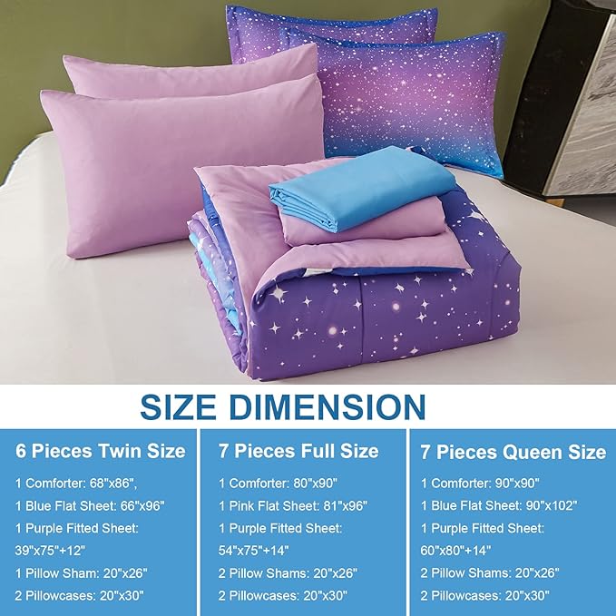 Drucon Girls Comforter Set Queen Size 7 Pieces Bed in A Bag Ombre Blue Purple Rainbow Bedding Set for Kids & Women (1 Comforter, 1 Flat Sheet, 1 Fitted Sheet, 2 Pillow Shams, 2 Pillowcases)