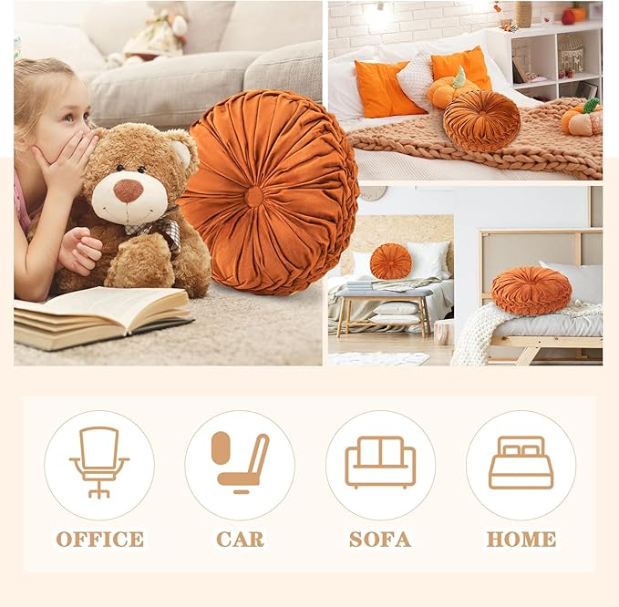 1 Pcs Round Throw Pillows Decorative Velvet Pleated Throw Pillows 15'' Diameter Accent Pumpkin Boho Chair Cushion for Couch Sofa Chair Bed Home Decoration (Burnt Orange)