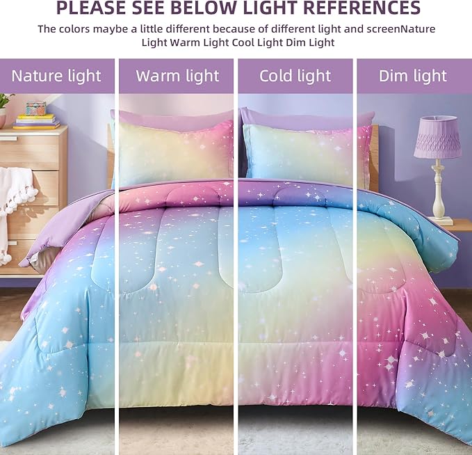 Drucon Rainbow Comforter Set Twin Size for Teen Girl &Boys,6 Pieces Bed in A Bag Blue Blush Rainbow Bedding Set Twin Size(1 Comforter, 1 Flat Sheet, 1 Fitted Sheet, 1 Pillow sham, 2 Pillowcases)