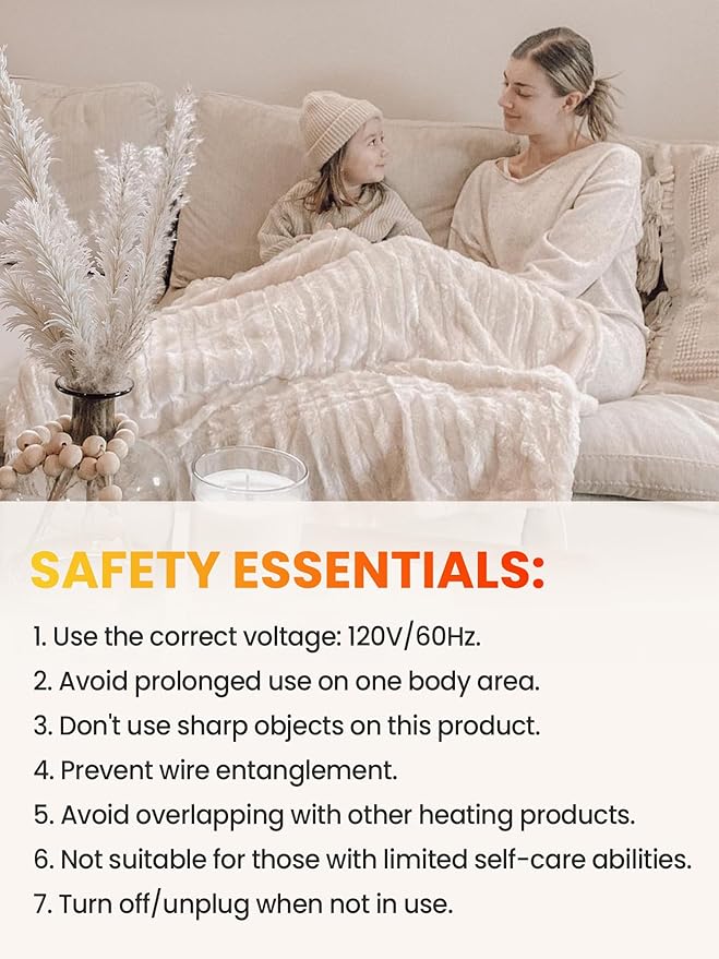 WOOMER Heated Blanket Throw 50" x 60", Electric Blanket Throw with 4 Heating Levels & 4H Auto Off, ETL Certified, White Double-Sided Velvet, Over-Heat Protect, Machine Washable