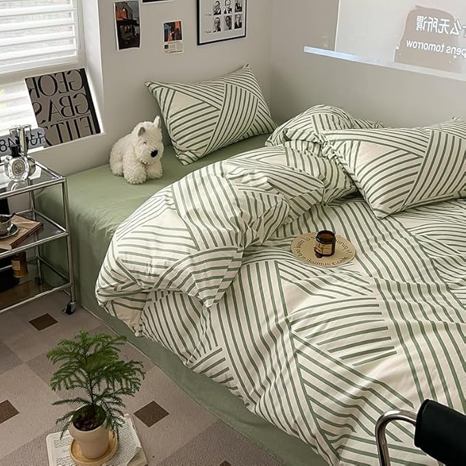 VM VOUGEMARKET Striped Comforter Set Full,Instagram Style Geometric Quilt with 2 Pillowcases Modern Fashion Comforter Set for Teens-Green White Stripes