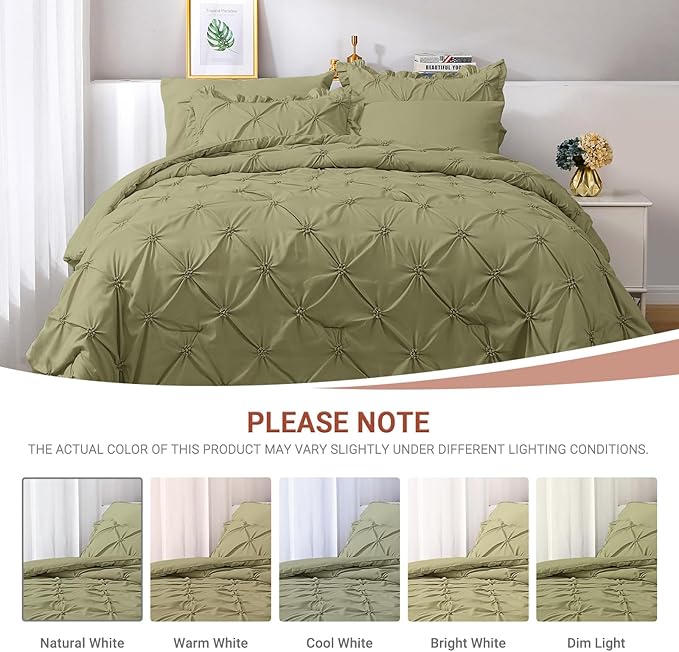 JOLLYVOGUE Olive Green Cal King Size Comforter Sets 7 Pieces, Pintuck Bed in a Bag Comforter Set for Bedroom, Bedding Comforter Sets with Comforter, Sheets, Ruffled Shams & Pillowcases