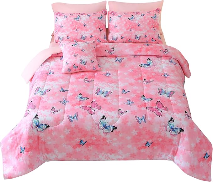 JQinHome 6 Piece Butterfly Comforter Set Twin, 3D Pink Flower Printed Bedding Set, All Season Microfiber Butterfly Theme Home Decor Bedding for Girls with Sheet Sets (Pink)