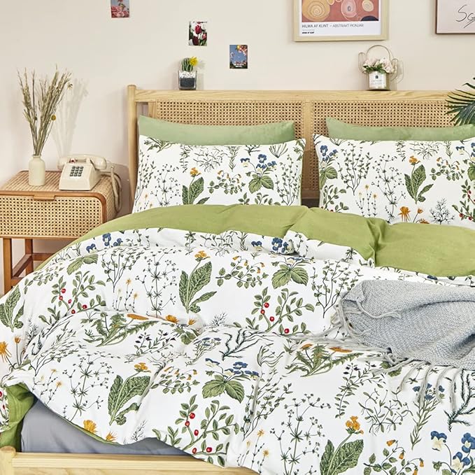 CLOTHKNOW Sage Green Comforter Set Twin/Twin XL Cotton Floral Botanical Bedding Sets White Green Flowers Bedding Comforter Soft 3Pcs Bedding Comforter Sets
