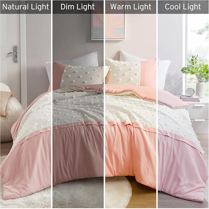 Intelligent Design Queen Duvet Cover Set - Clipped Jacquard Pompom Boho Bedding for Girls & Boys, Microfiber, Shay, Full/Queen, Pink, 3 Piece