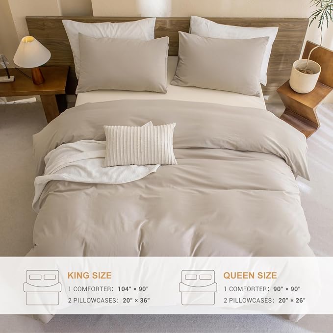 Sanracie King Comforter Set, Cotton Linen Feel Textured Comforter Set, Simple Neutral King Bedding Set 3pcs(1 Aesthetic Solid Comforter + 2 Pillowcases) Soft Lightweight