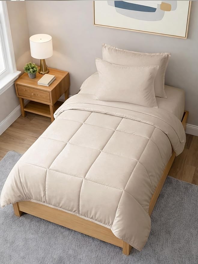 Twin XL Comforter Set - 5 Piece Bed in a Bag Twin XL Size Bed Set - Down Alternative Comforter, Flat Sheet, Fitted Sheet, Pillowcase & Sham for All Seasons - Ultra Soft, Comfy and Breathable - Wheat