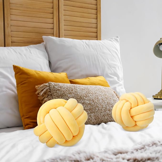 Namalu 2 Pcs Soft Knot Pillow Ball, Decorative Round Throw Knotted Pillows Cushion, Handmade Stuffed Ball Pillows for Winter Bedroom Sofa Couch Home Decor(7.87 Inches,Light Yellow)