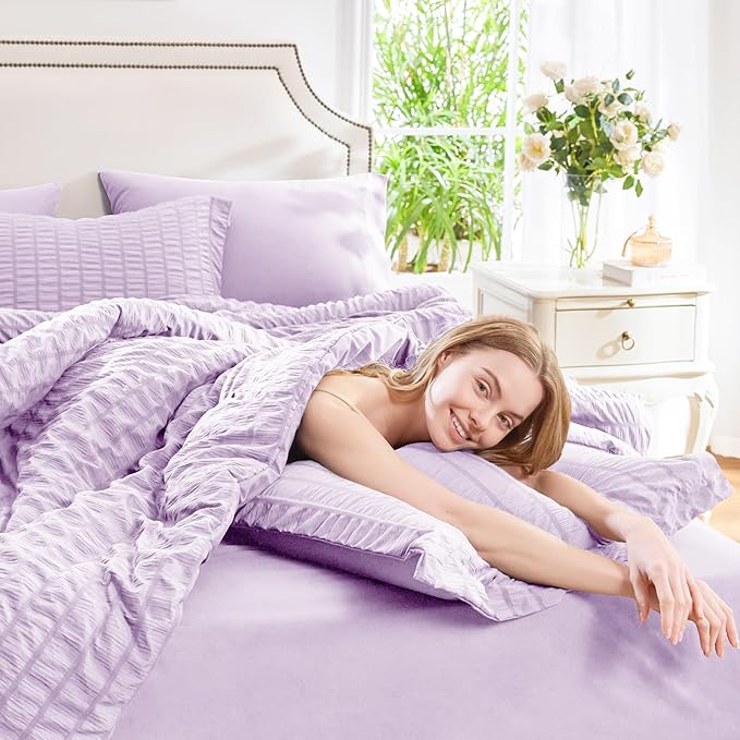 CozyLux King Seersucker Comforter Set Light Purple Bed in a Bag 7-Pieces All Season Lavender Bedding With Comforter, Pillow Sham, Flat Sheet, Fitted Sheet, Pillowcase
