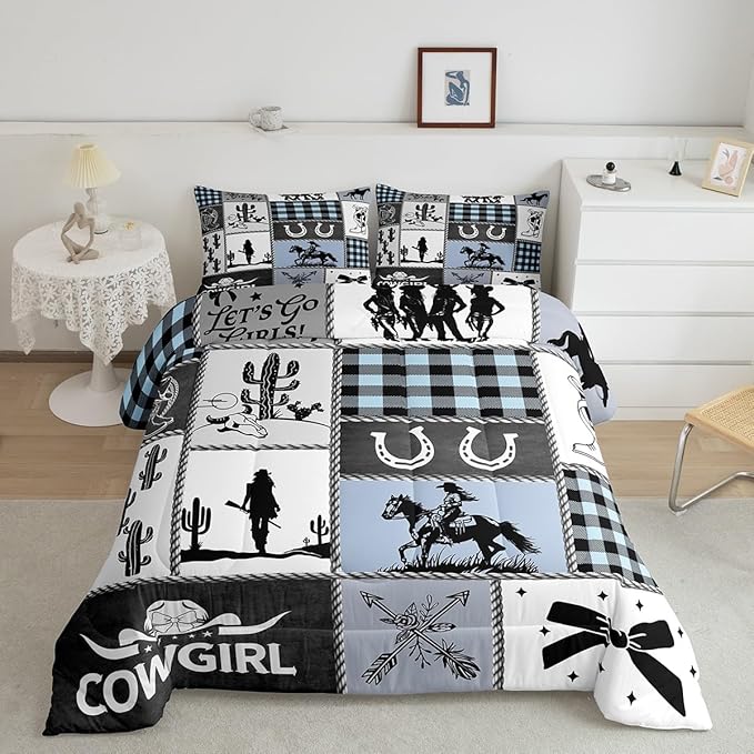 Western Cowgirl Girly Comforter Set Twin Size,Cactus Horseshoe Cow Skull Bow Bedding Set,Girls Women Room Decor,Cowgirl Boot Geometric Plaids Down Comforter,Blue Rustic Duvet Insert,1 Pillowcase