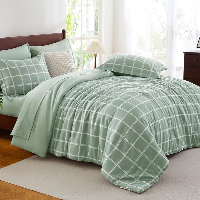 CozyLux Queen Comforter Set with Sheets - 7 Pieces Plaid Bed in a Bag Set Sage Green, Queen Bedding Sets Bed Set with All Season Quilted Comforter, Flat Sheet, Fitted Sheet, Pillowcases & Pillow Shams