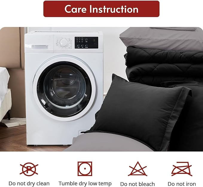 MUXHOMO 7 Pieces King Comforter Set, Reversible Bed in a Bag King Size, All Season Bedding Set with Comforter, Flat Sheet, Fitted Sheet, Pillowcases & Shams, Black & Soot