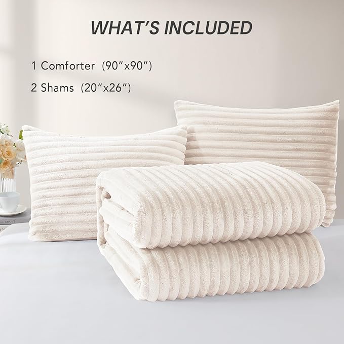 Geniospin Cream White Fleece Queen Comforter Set - 3 Pieces Faux Fur Beige Comforter Queen Size, Soft Warm Fluffy Bedding Set for All Season with 2 Pillow Cases