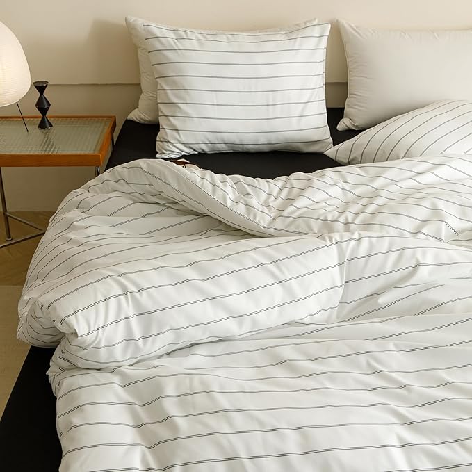 CLOTHKNOW Striped Queen Comforter Set 3Pcs White Black Bedding Comforter Sets White Queen Comforter Soft Farmhouse Comforter with 2 x Pillow Cases